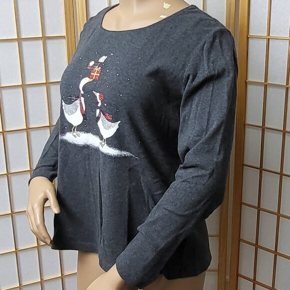 Karen Scott grey long-sleeve Christmas t-shirt with Christmas geese sparkle XL - Picture 3 of 9